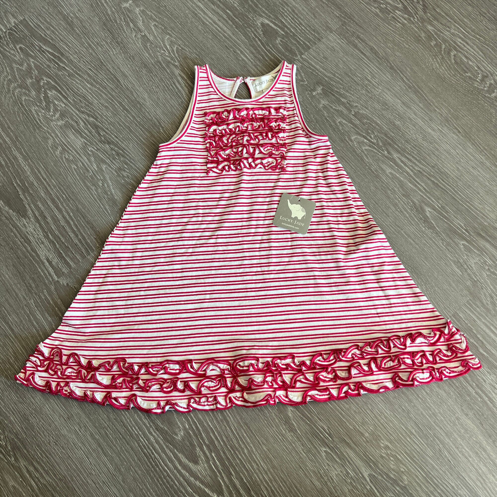Lucky Jade Dress Kids Size 2/3 Red White Striped Sleeveless Ruffle